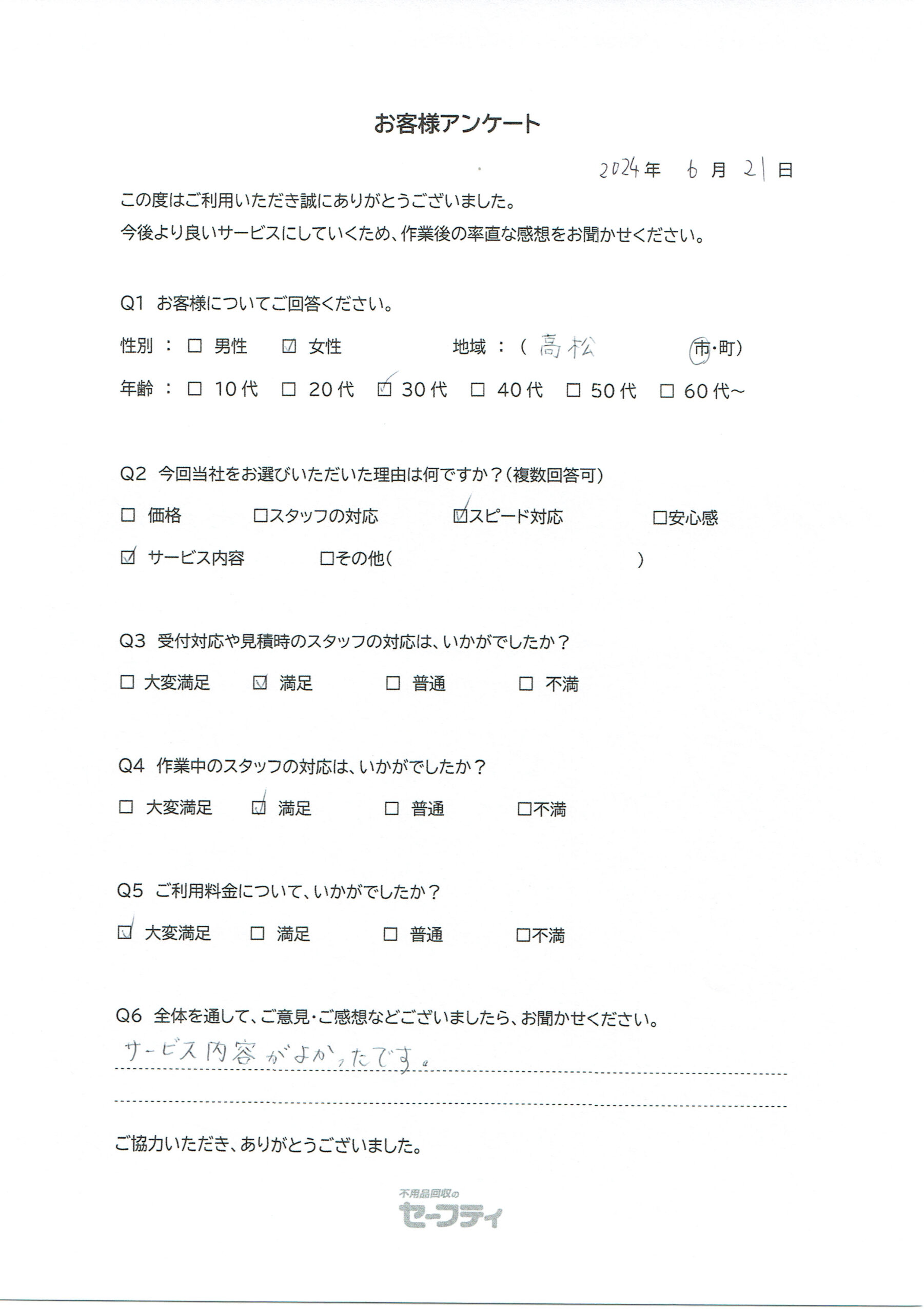 高松市Iさま（不用品回収ご利用のお客様アンケート）