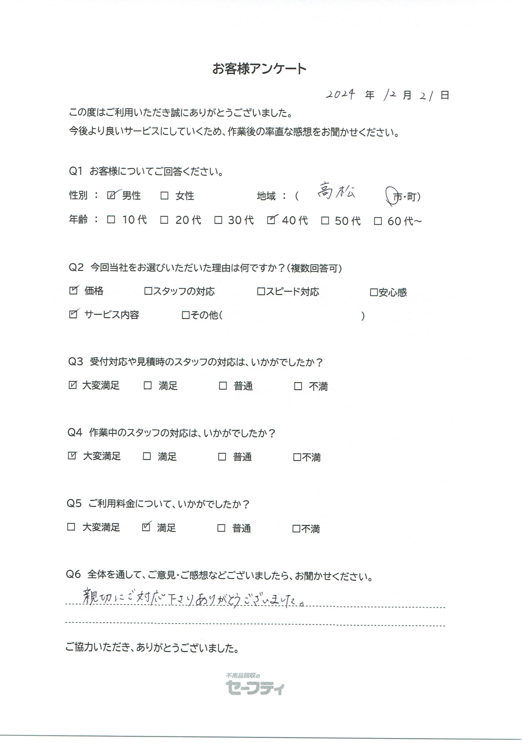 高松市Aさま（不用品回収ご利用のお客様アンケート）