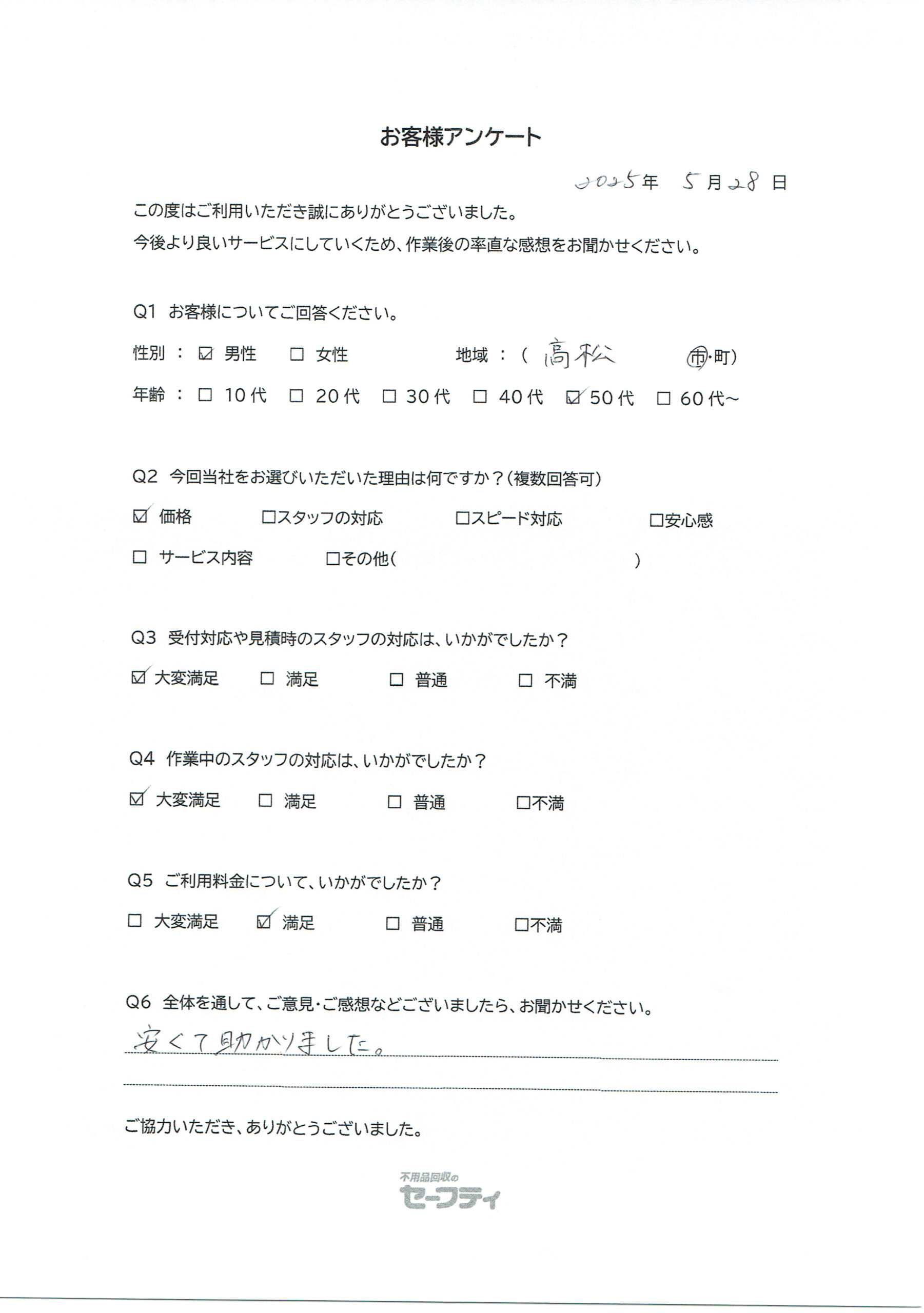 高松市Tさま（遺品整理ご利用のお客様アンケート）