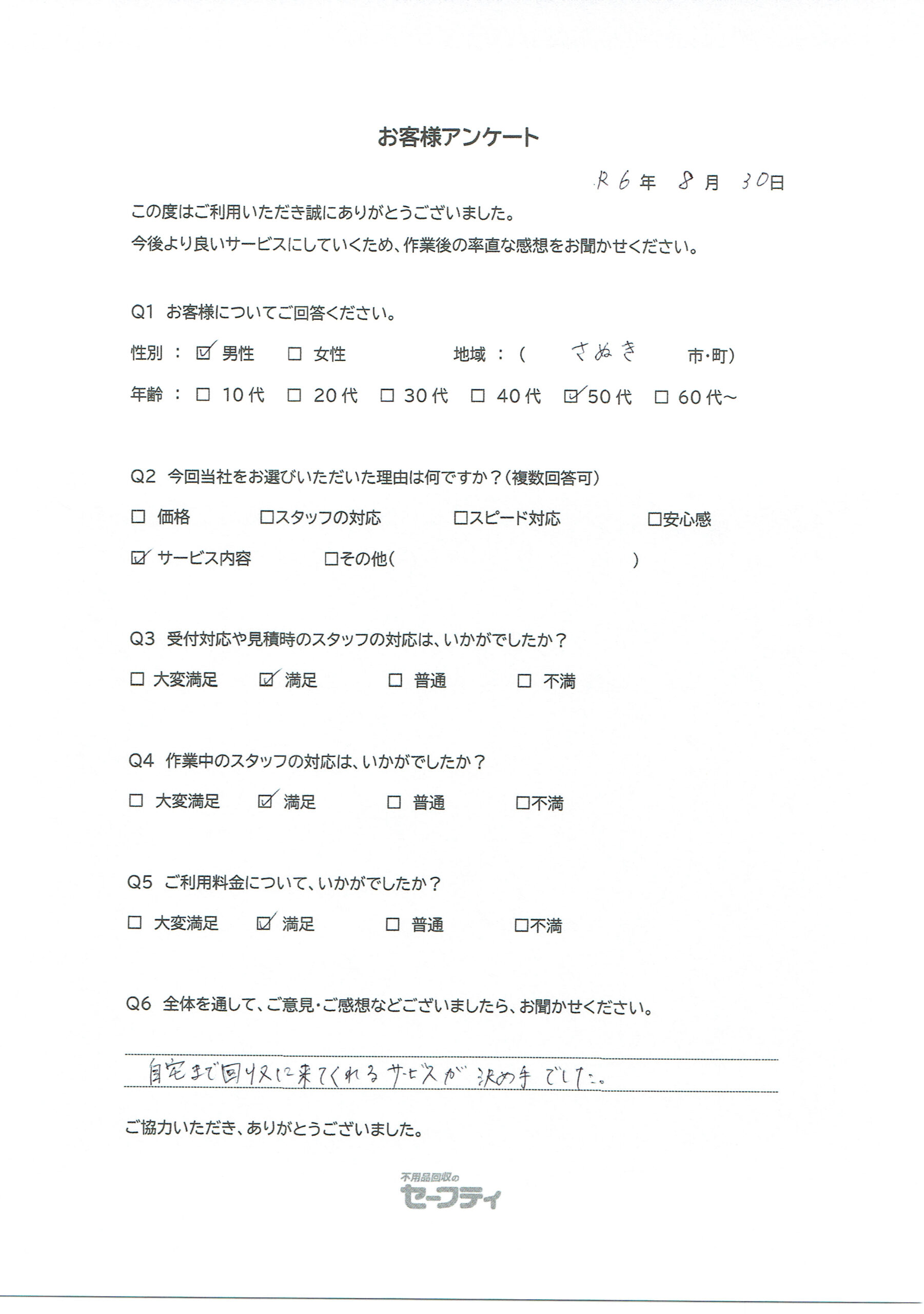 さぬき市Kさま（不用品回収ご利用のお客様アンケート）